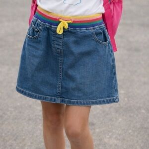 Boden Girls Blue Denim Skirt with Rainbow Waistband